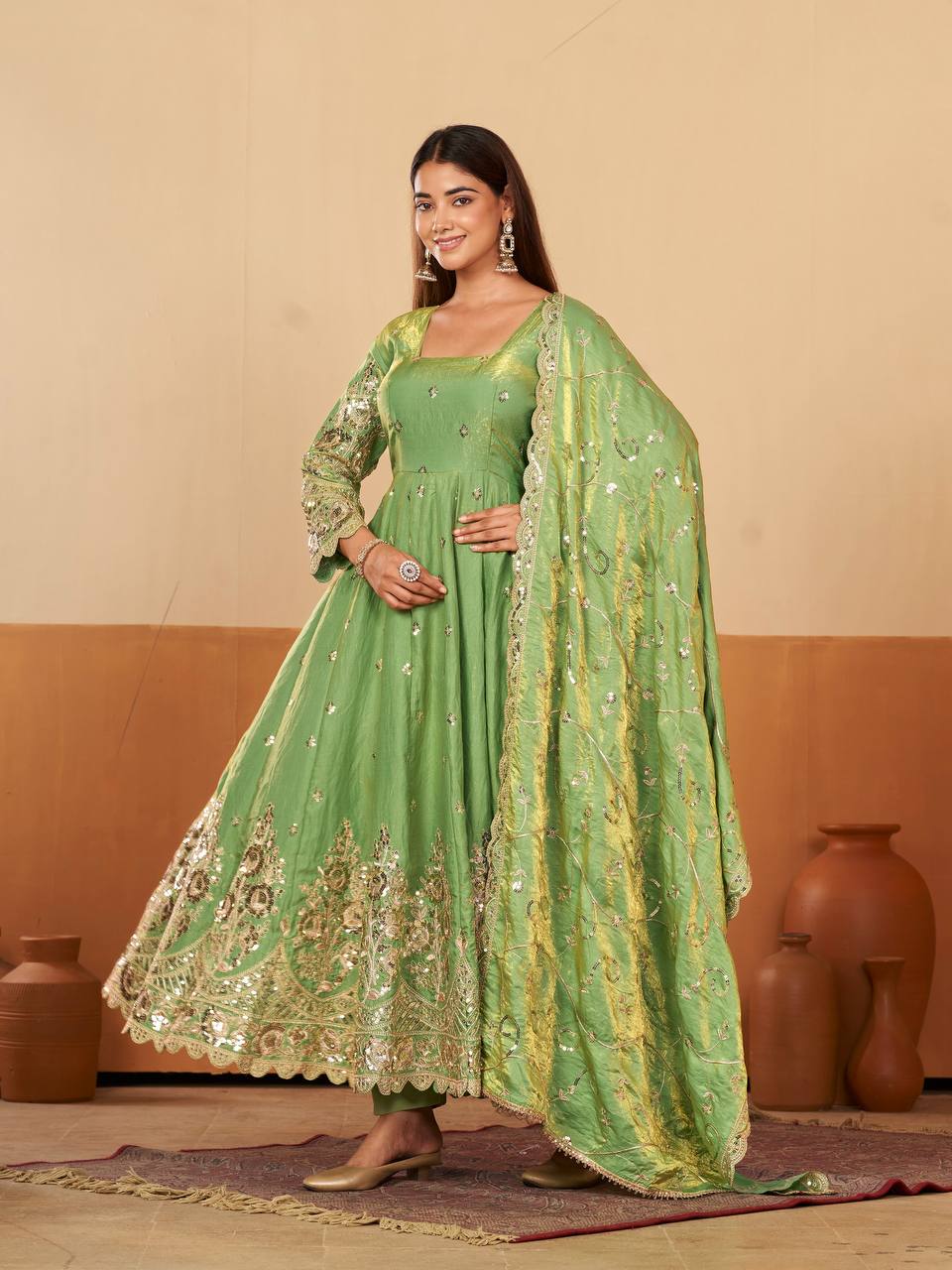Heavy Jelly Shimmer Silk Embroidered Gown Set with Dupatta & Pant