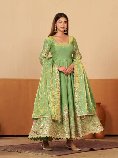 Heavy Jelly Shimmer Silk Embroidered Gown Set with Dupatta & Pant