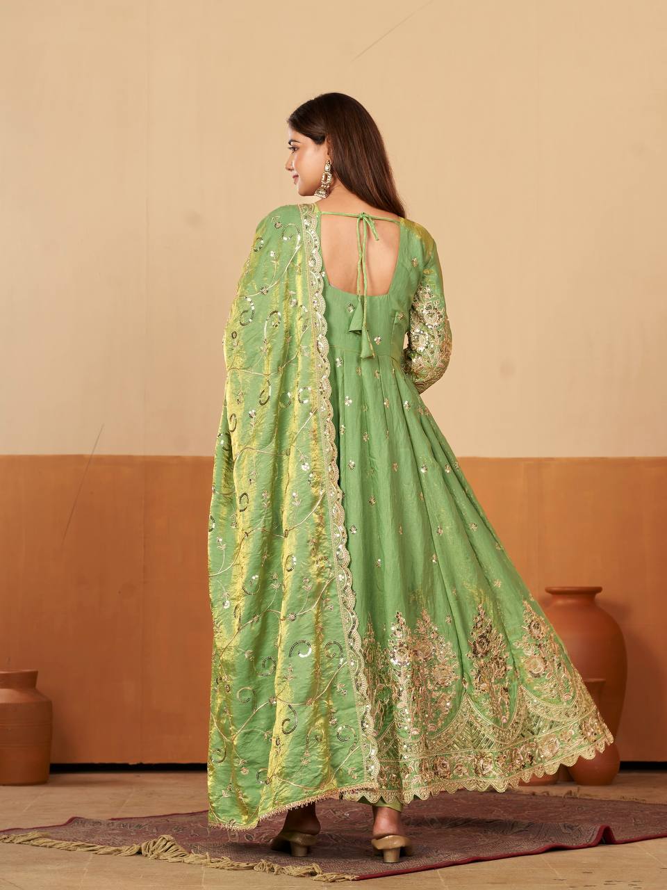 Heavy Jelly Shimmer Silk Embroidered Gown Set with Dupatta & Pant