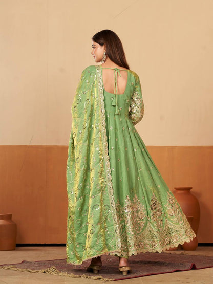 Heavy Jelly Shimmer Silk Embroidered Gown Set with Dupatta & Pant