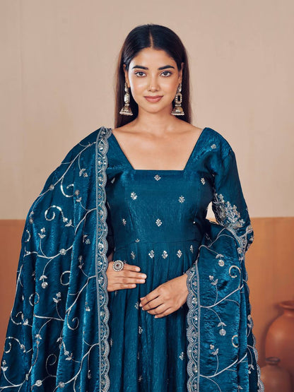 Heavy Jelly Shimmer Silk Embroidered Gown Set with Dupatta & Pant