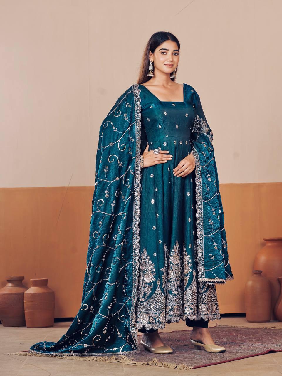 Heavy Jelly Shimmer Silk Embroidered Gown Set with Dupatta & Pant