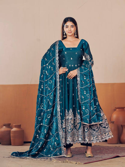Heavy Jelly Shimmer Silk Embroidered Gown Set with Dupatta & Pant
