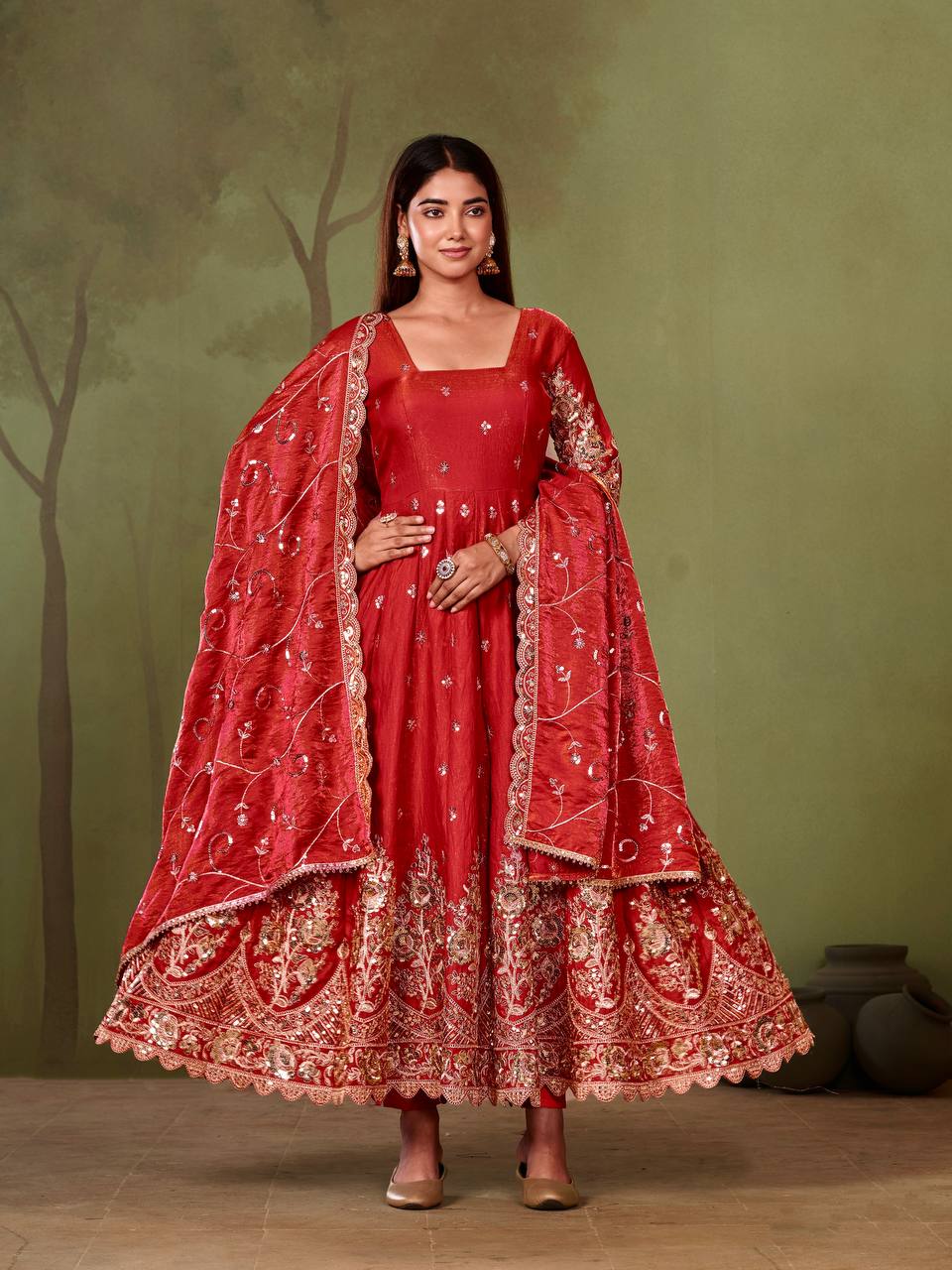 Heavy Jelly Shimmer Silk Embroidered Gown Set with Dupatta & Pant