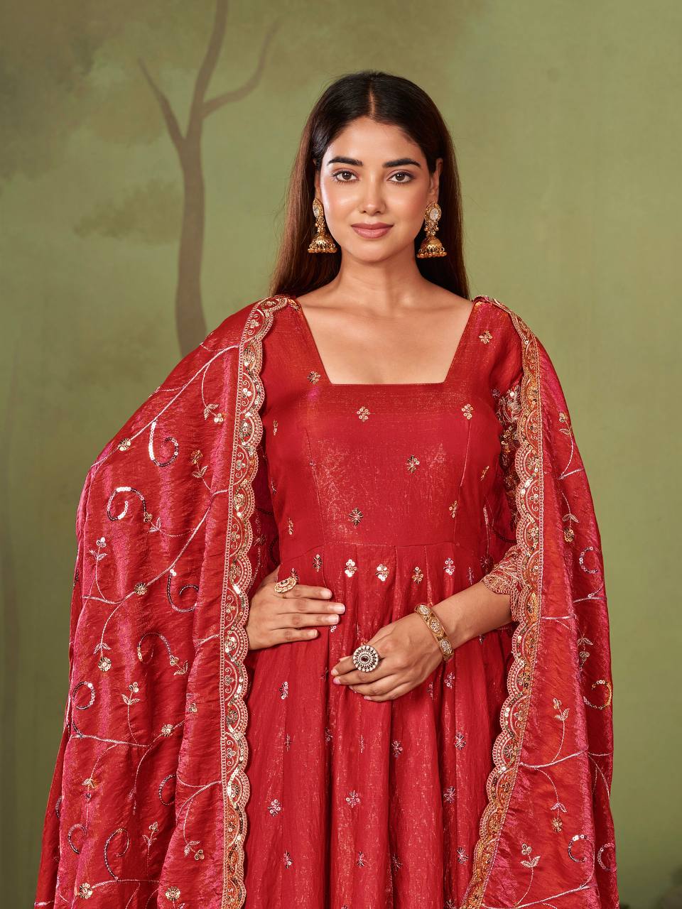 Heavy Jelly Shimmer Silk Embroidered Gown Set with Dupatta & Pant