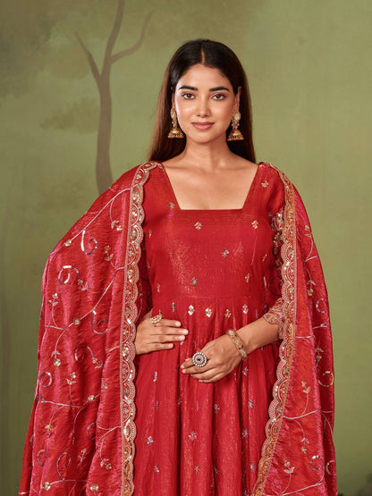Heavy Jelly Shimmer Silk Embroidered Gown Set with Dupatta & Pant