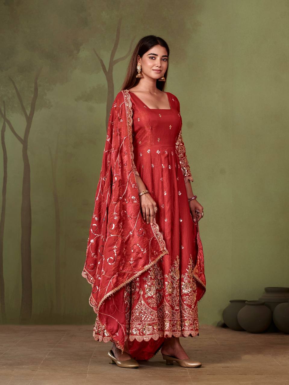 Heavy Jelly Shimmer Silk Embroidered Gown Set with Dupatta & Pant