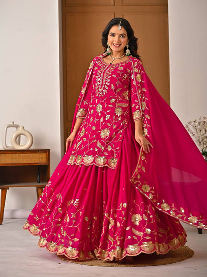 Pink chinnon silk lehenga set with heavy 5mm sequence embroidery and fully stitched kurti front view