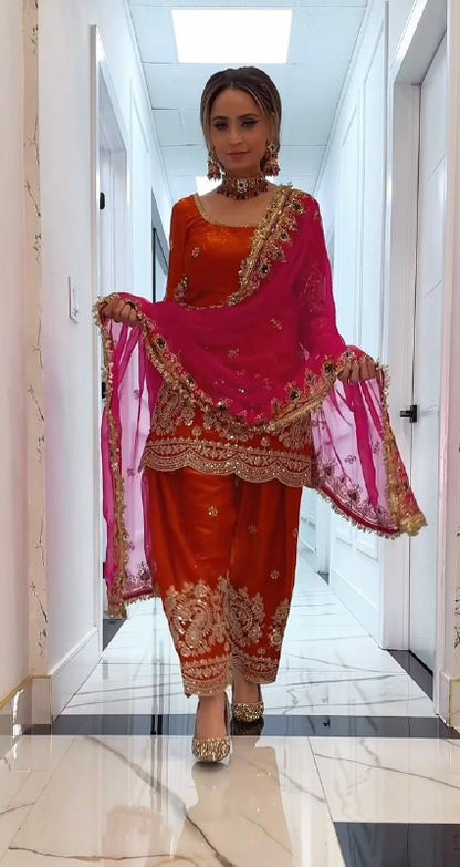 Stylish pink ethnic salwar suit with heavy embroidery and dupatta for party wear