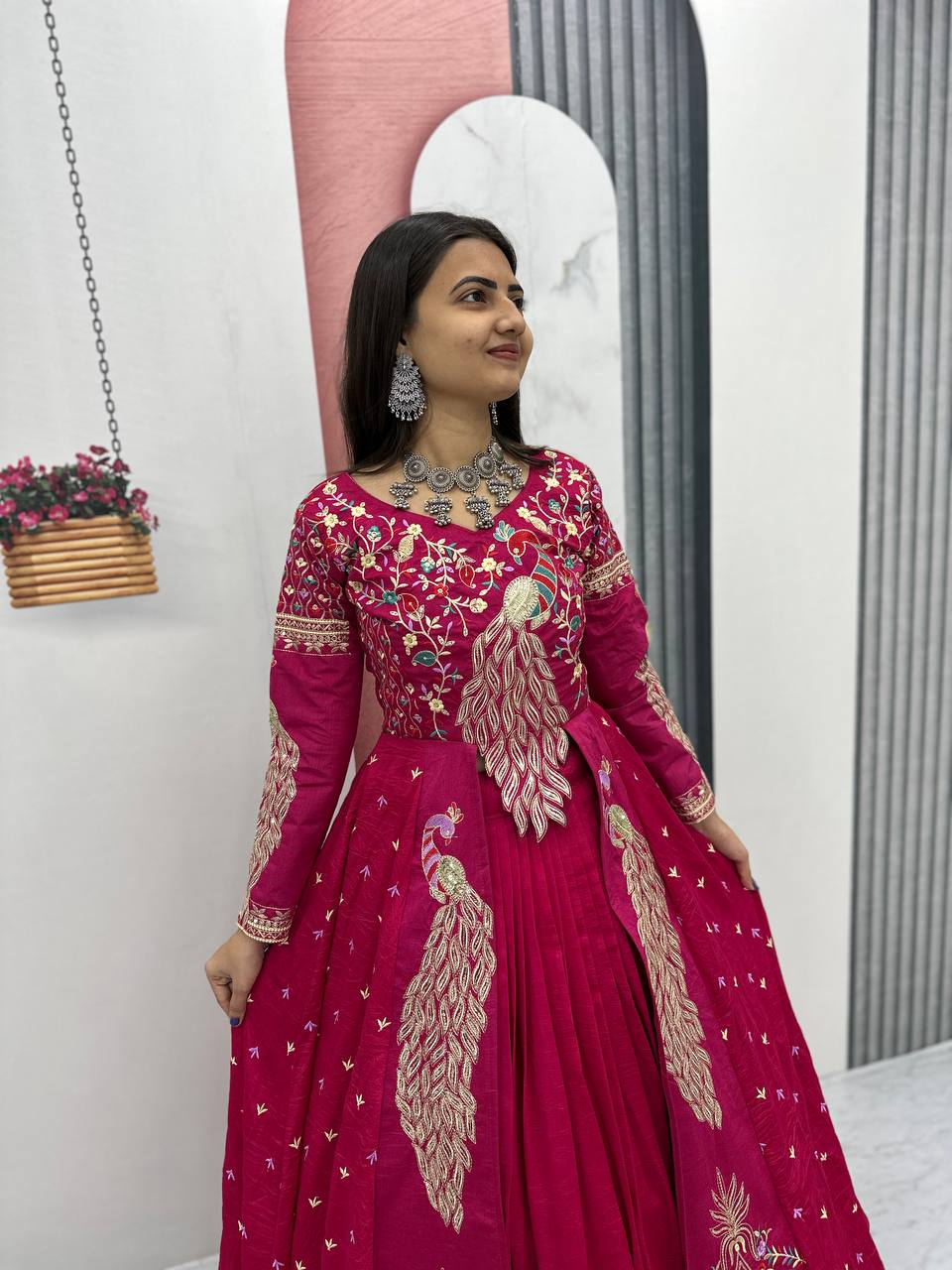Pink embroidered Vichitra lehenga showing beautiful 3.5 meter full flair