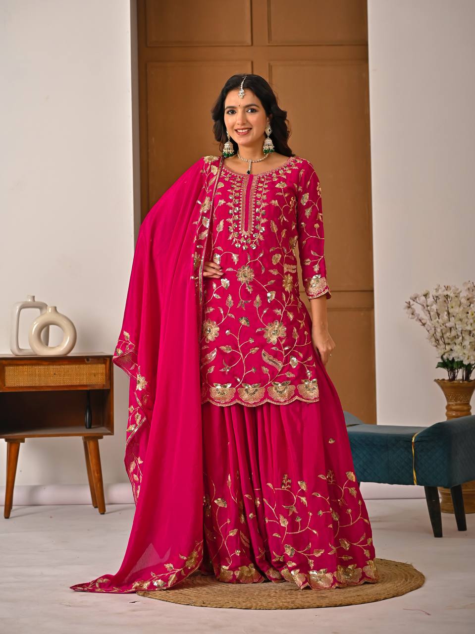 Designer pink chinnon silk lehenga set with embroidered top, lehenga and dupatta full look