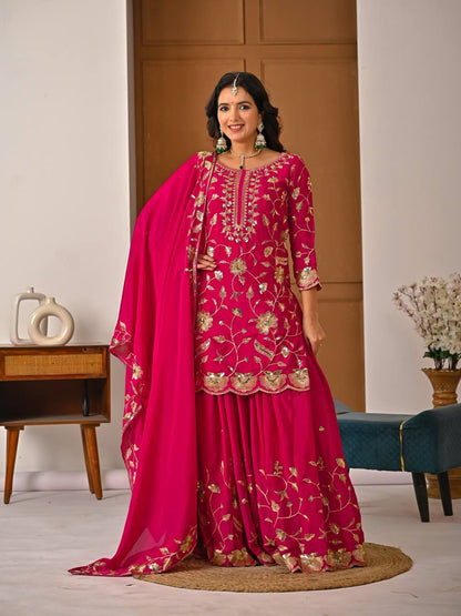 Designer pink chinnon silk lehenga set with embroidered top, lehenga and dupatta full look