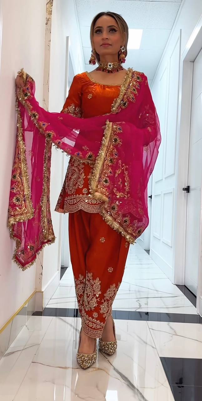 Pink embroidered farshi salwar suit for women with dupatta, perfect for wedding and festive wear