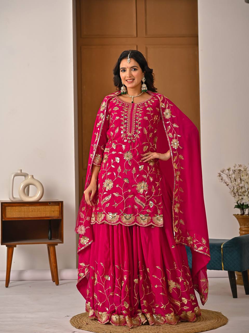 Pink party wear chinnon silk lehenga set with 3 meter flair and elegant sequence embroidery