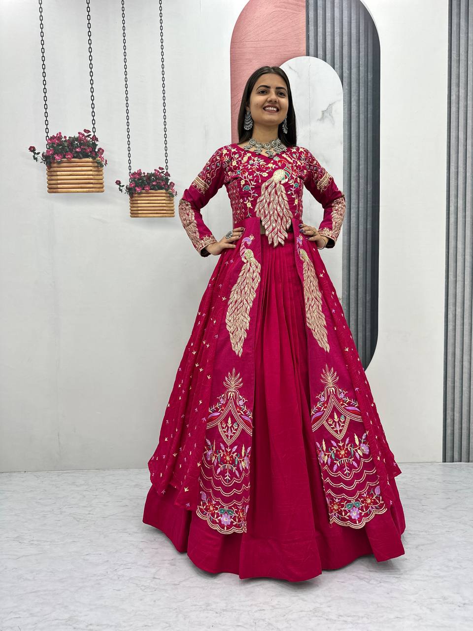 Pink traditional Vichitra lehenga choli side view with elegant embroidery