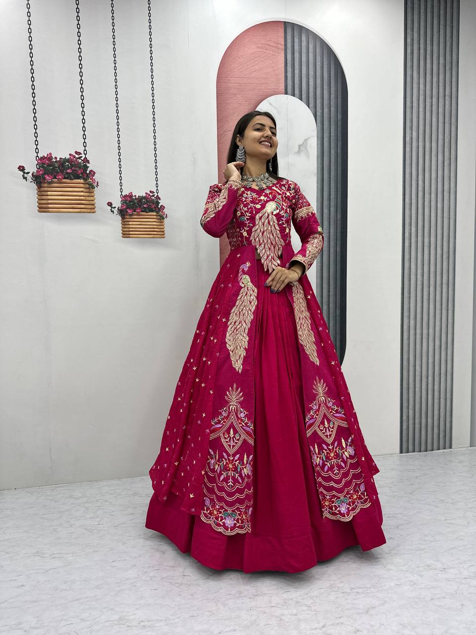 Pink designer Vichitra lehenga choli with heavy thread and sequence embroidery front view