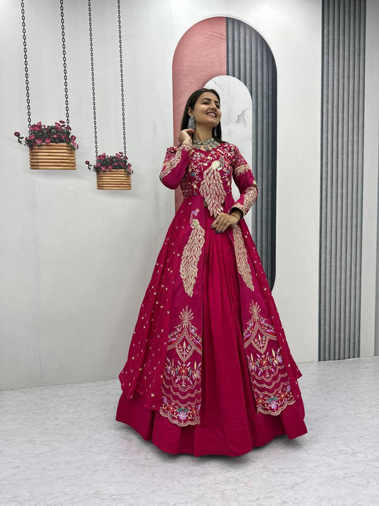 Pink designer Vichitra lehenga choli with heavy thread and sequence embroidery front view