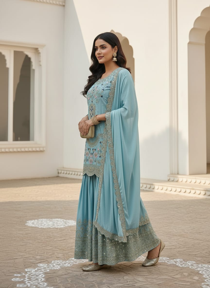 Close up of powder blue anarkali gown embroidery