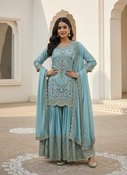 Powder blue embroidered anarkali gown front view with dupatta