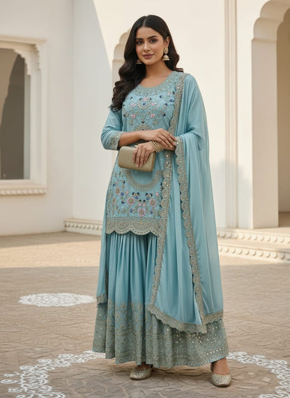 Powder blue anarkali gown side view for festive occasions