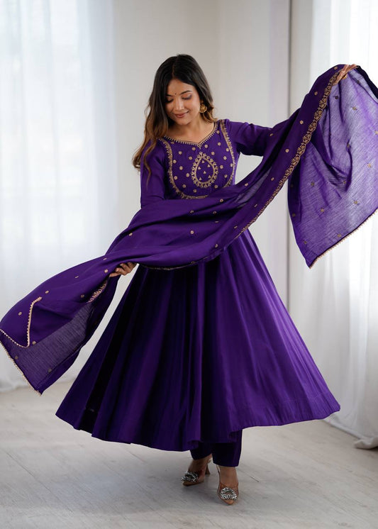 Women Premium Purple Roman Chanderi Silk Anarkali Suit with Dupatta