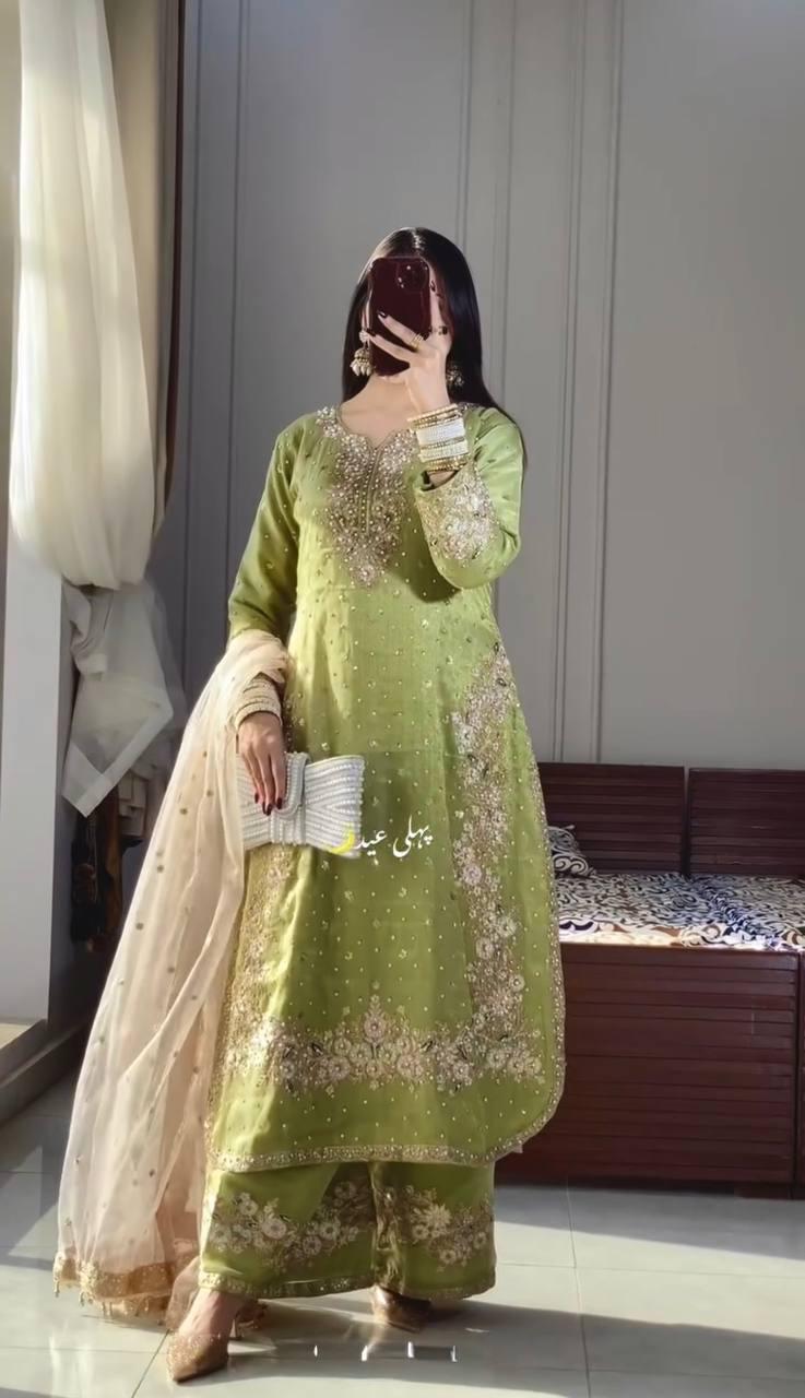 Pure Jimmy Choo embroidered kurta palazzo set with diamond and moti work for wedding and festive wear