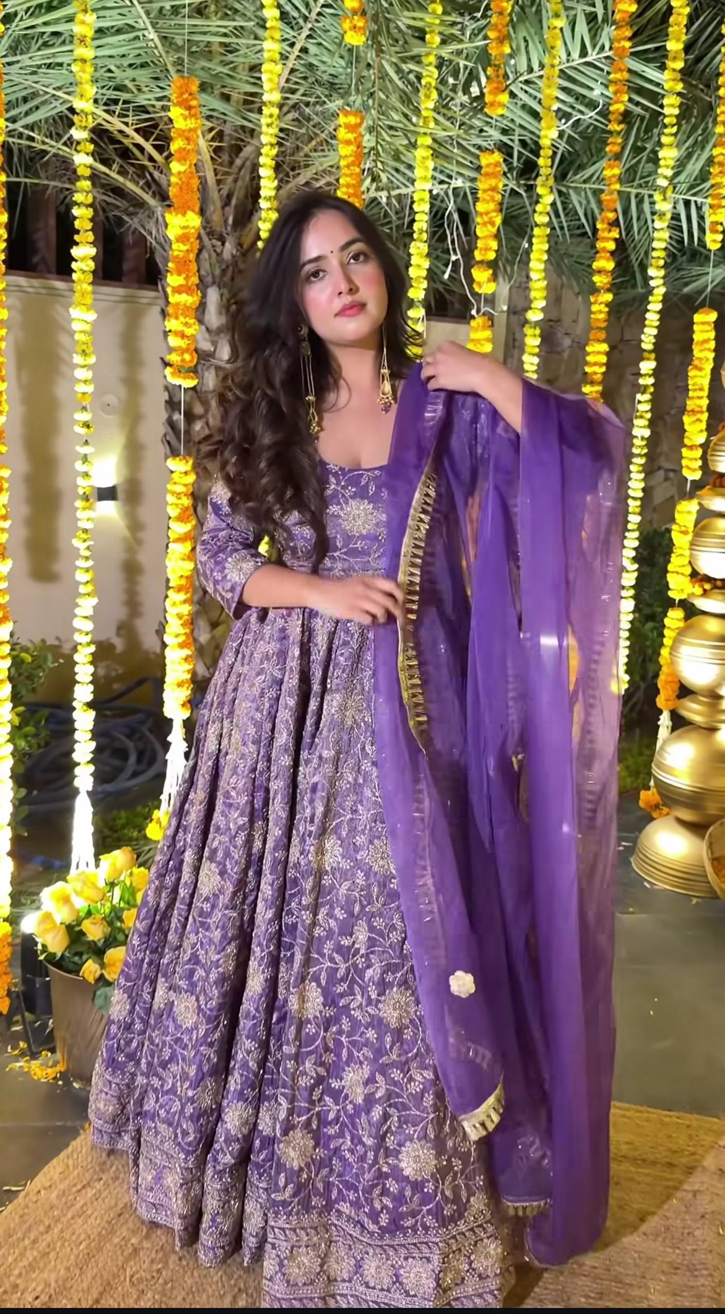 Purple Anarkali kurta with 4 meter flair in crunchy silk and embroidery work