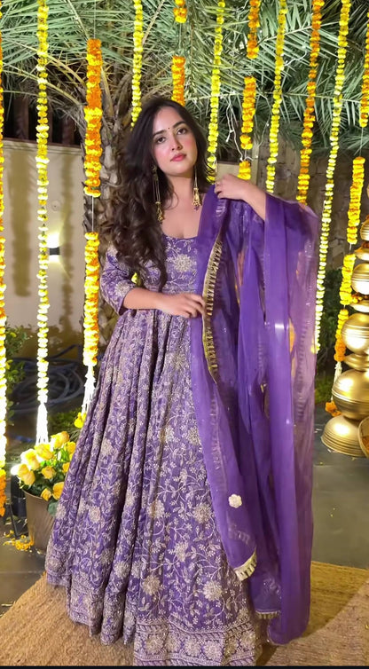 Purple Anarkali kurta with 4 meter flair in crunchy silk and embroidery work