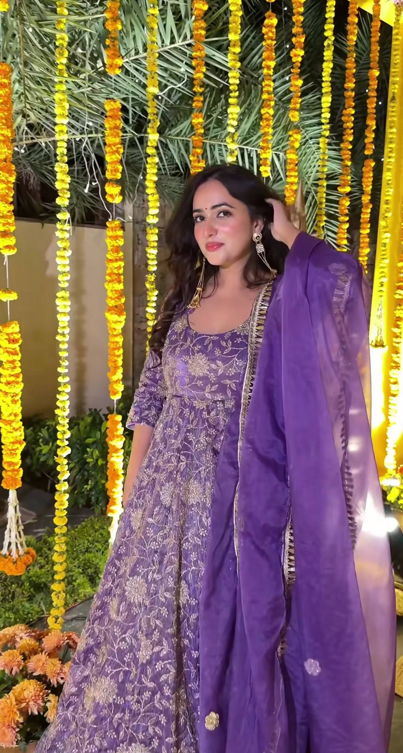 Purple Anarkali set with heavy organza dupatta and 5mm sequence embroidery festive wear
