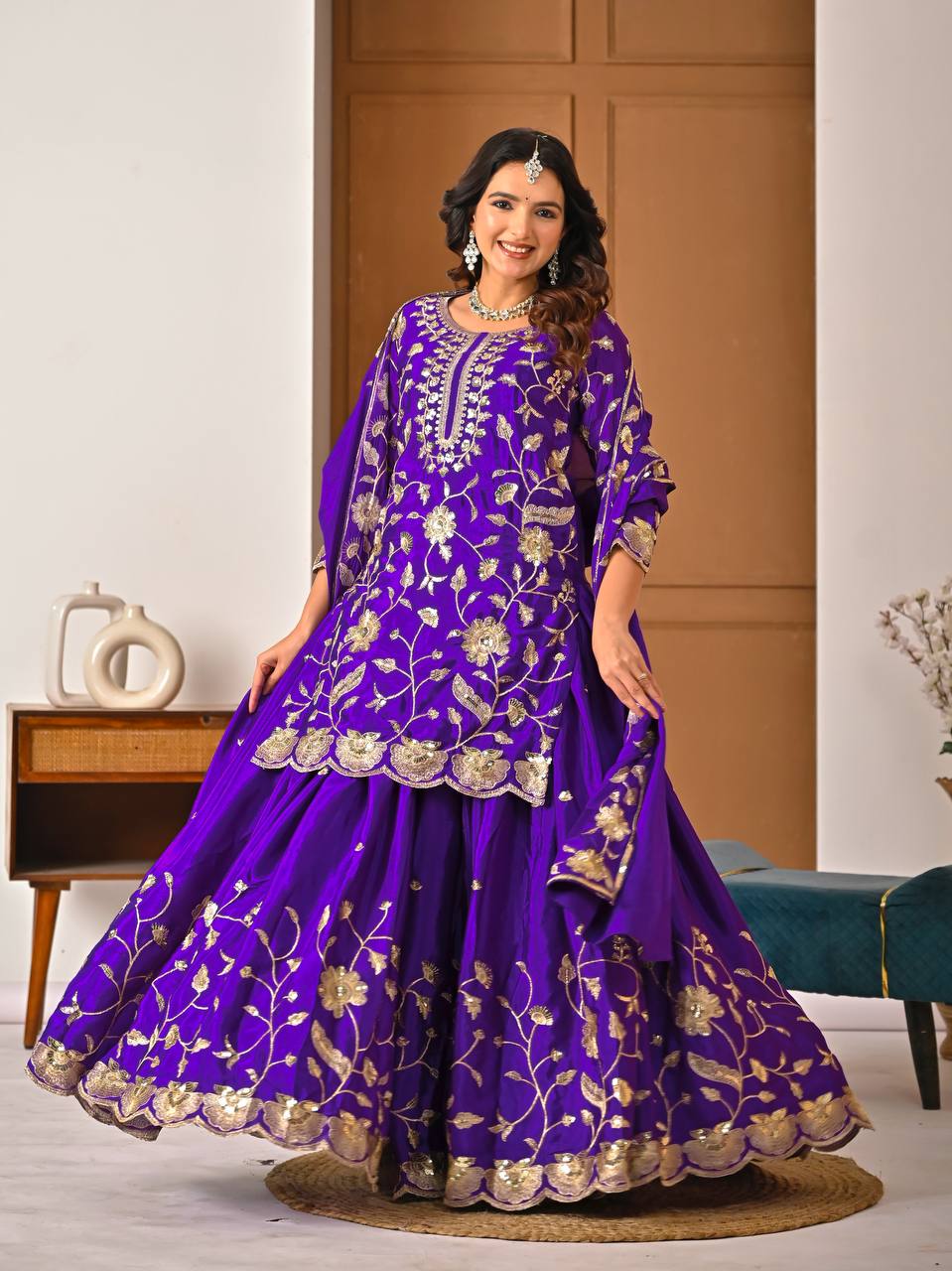 Purple chinnon silk lehenga set with heavy 5mm sequence embroidery and fully stitched kurti front view
