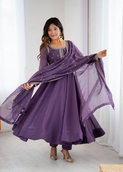 Elegant fully stitched pure crunchy silk Anarkali gown ready to wear