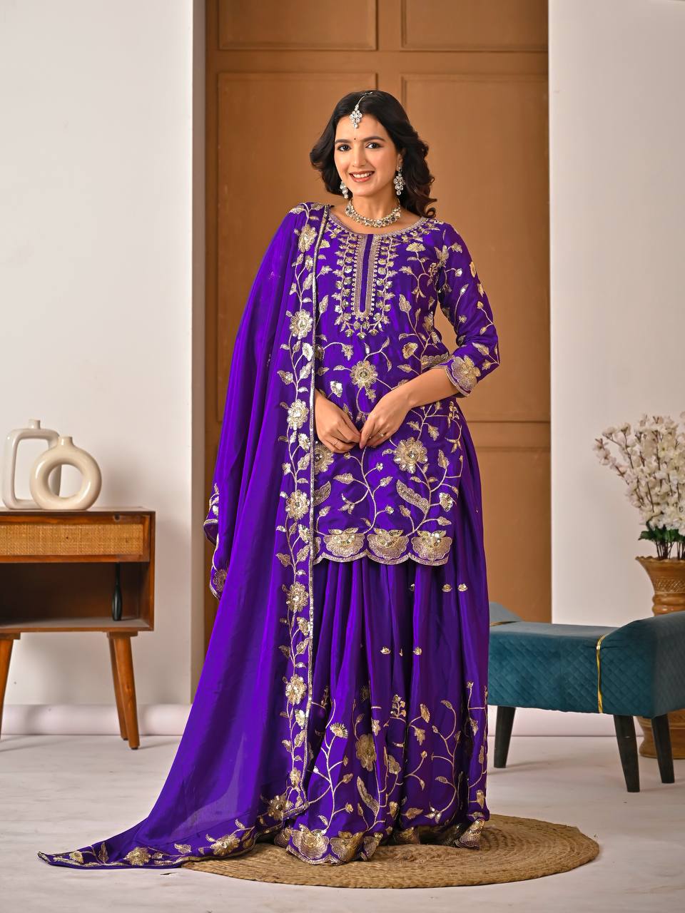 Designer purple chinnon silk lehenga set with embroidered top, lehenga and dupatta full look