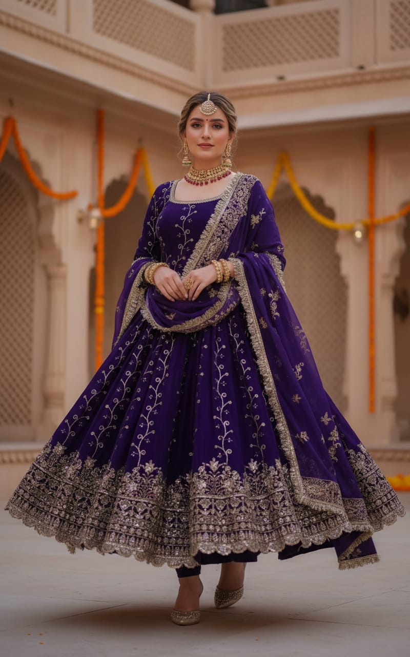 Royal purple heavy embroidered Anarkali suit