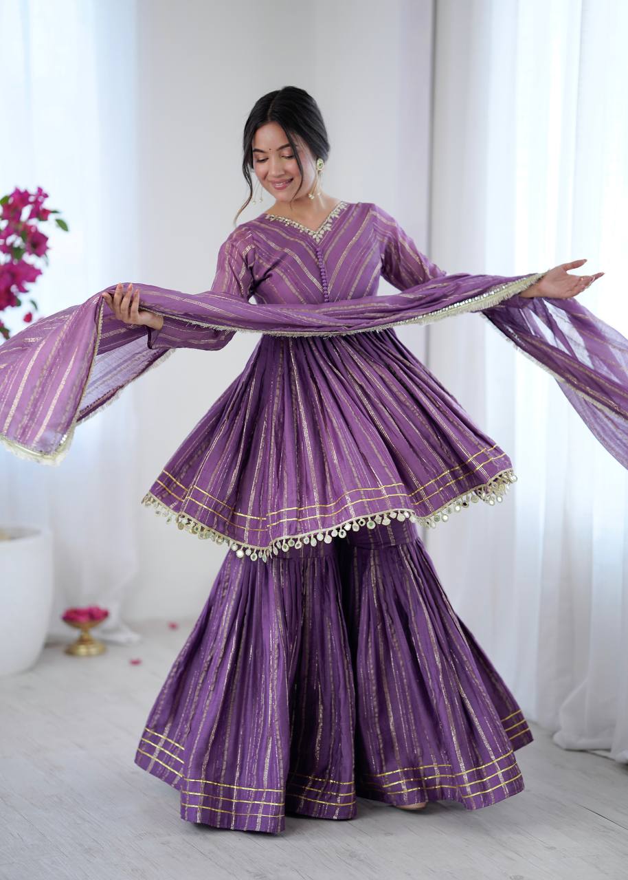 Purple and golden sharara suit for women front view with dupatta, elegant ethnic wear for festive and wedding occasions