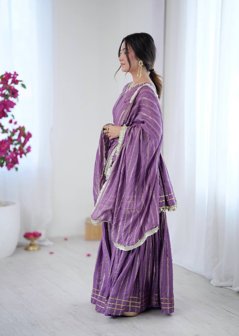 Purple sharara suit dupatta with golden border detailing, graceful ethnic fashion for women
