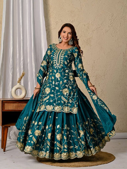 Rama green chinnon silk lehenga set with heavy 5mm sequence embroidery and fully stitched kurti front view