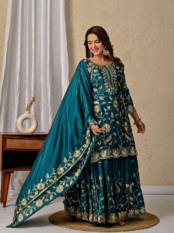 Designer rama green chinnon silk lehenga set with embroidered top, lehenga and dupatta full look