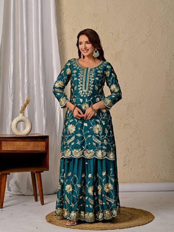 Rama green party wear chinnon silk lehenga set with 3 meter flair and elegant sequence embroidery