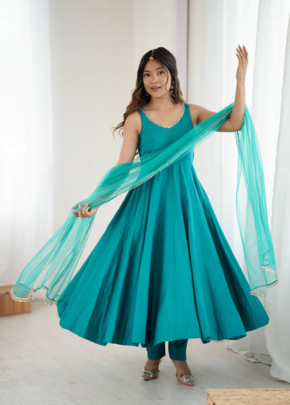 Women’s rama teal sky fully flared Anarkali dress for festive wear