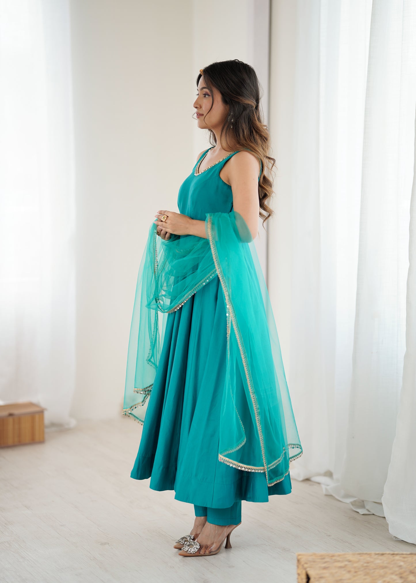 Rama teal sky Roman silk Chanderi Anarkali gown with heavy flare