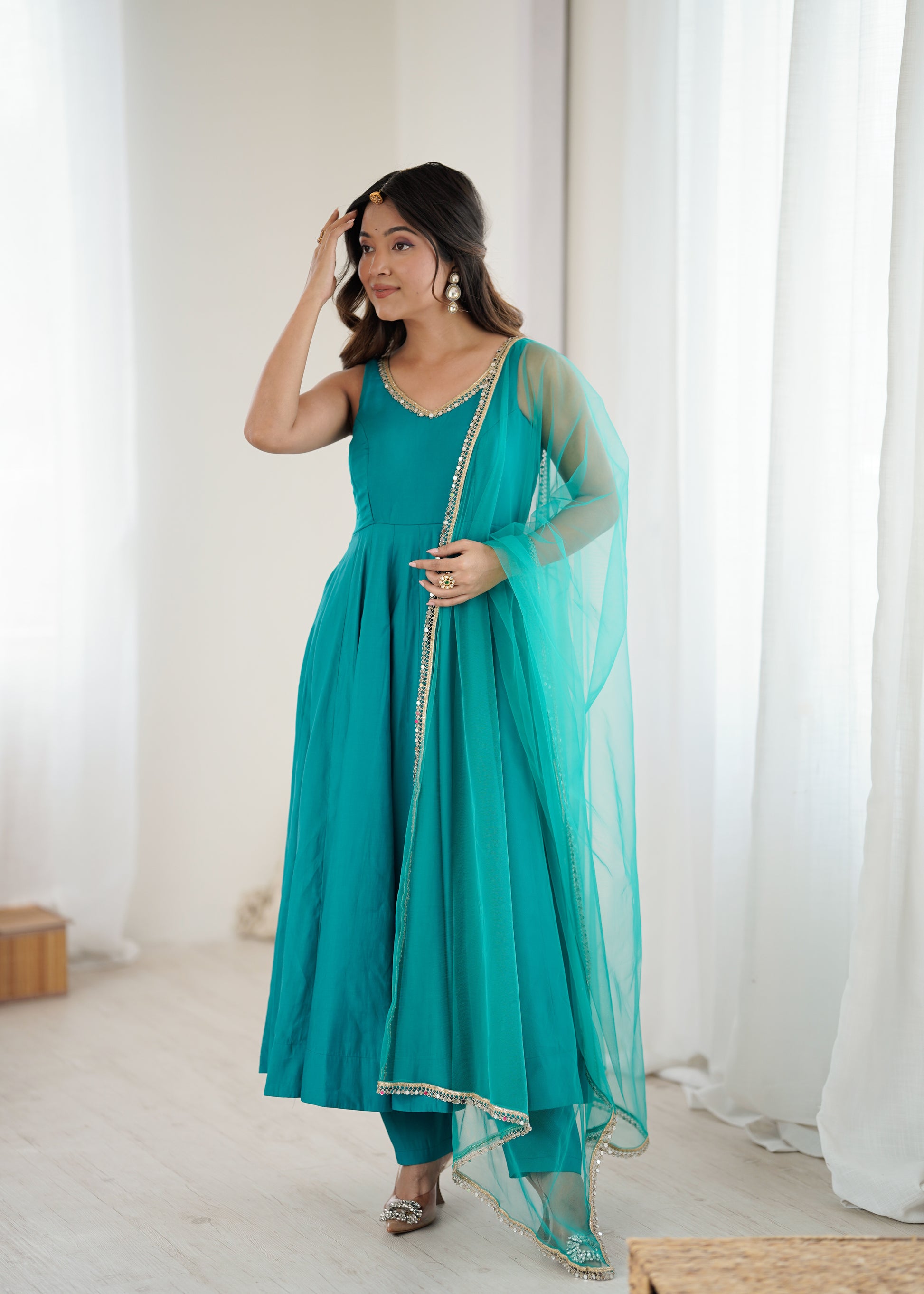 Rama teal sky Roman silk Chanderi Anarkali gown with heavy flare