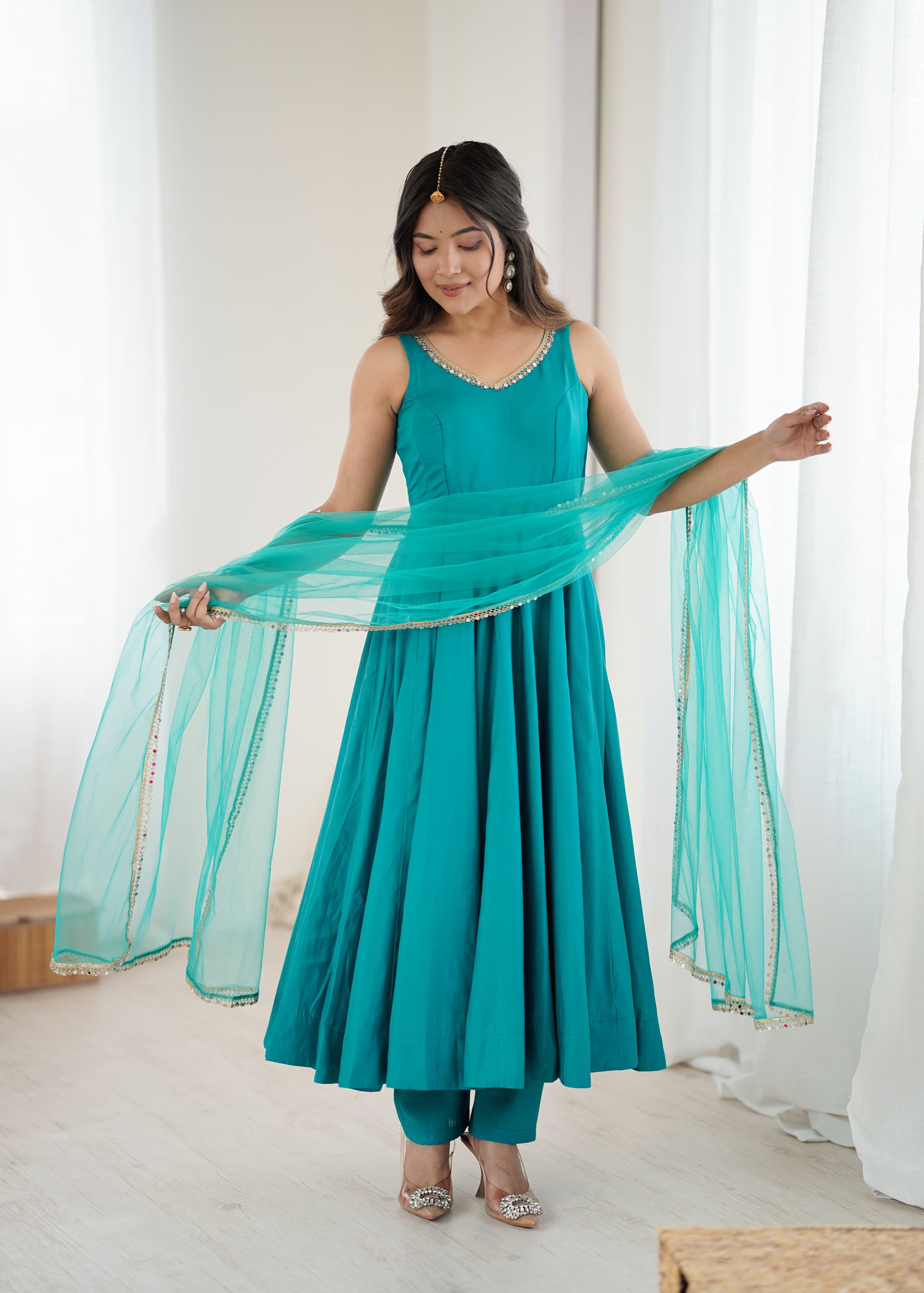 Rama teal sky flared Anarkali suit with dupatta in Roman silk Chanderi fabric