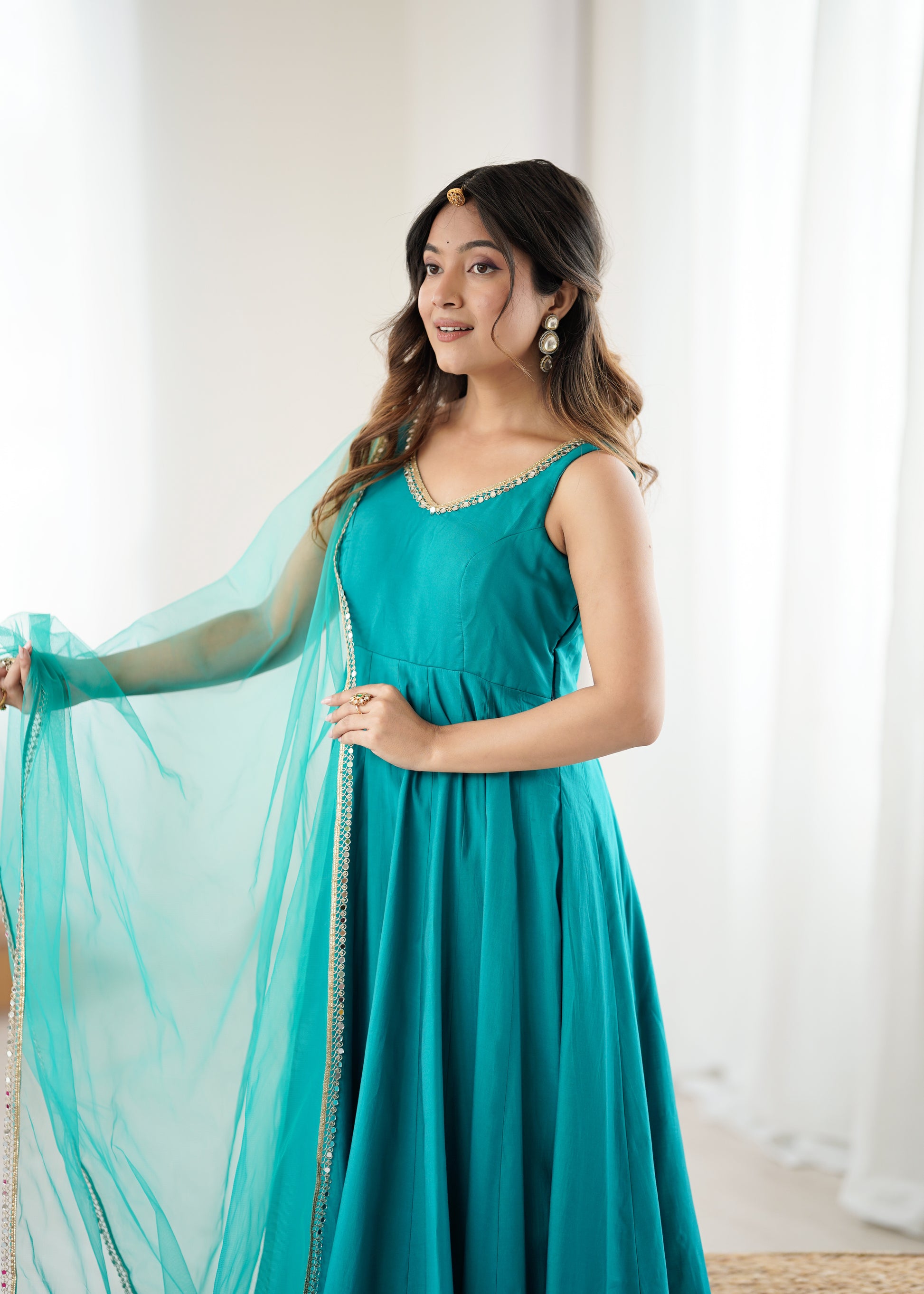 Rama teal sky Roman silk Chanderi Anarkali gown with heavy flare with lace