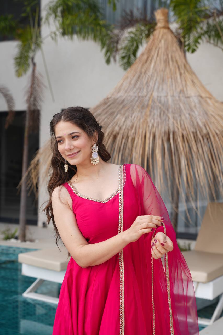 Heavy pure Roman silk Chanderi fabric rani pink Anarkali suit texture