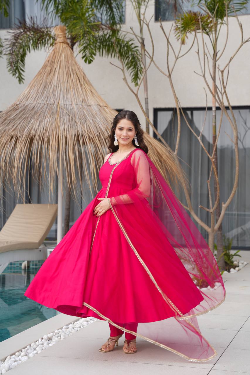 pink flared Anarkali suit with dupatta in Roman silk Chanderi fabric