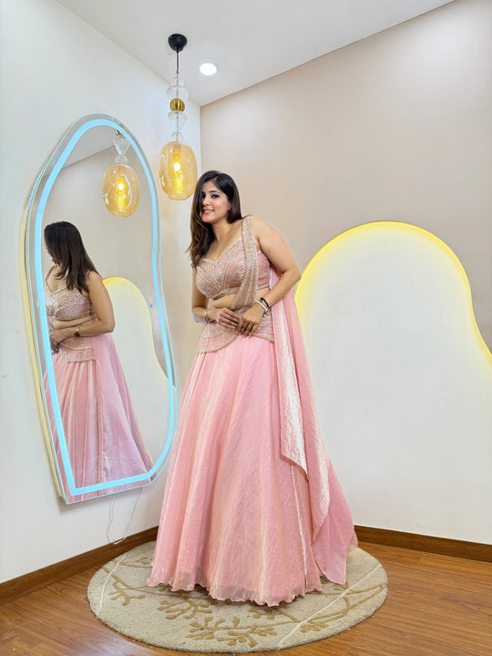Ready to wear draped dupatta with handwork paired with pink fandy organza lehenga