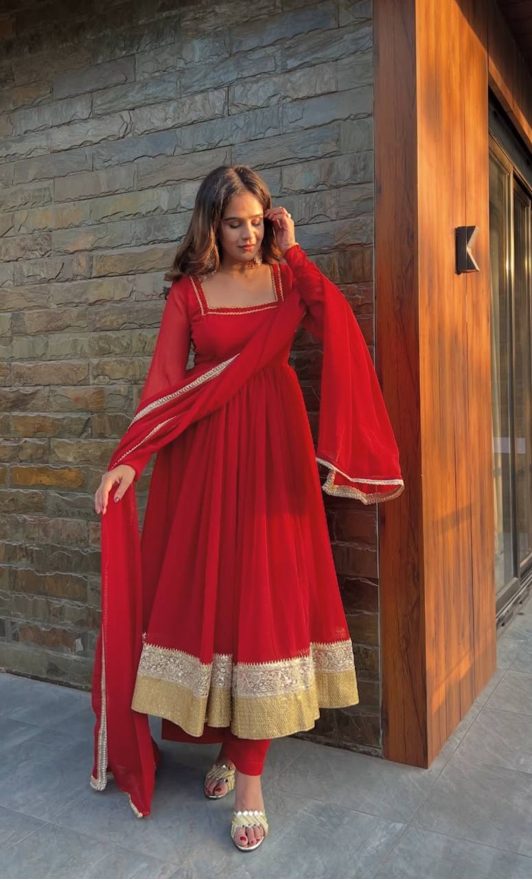 Designer red anarkali suit with dupatta for wedding and festive wear