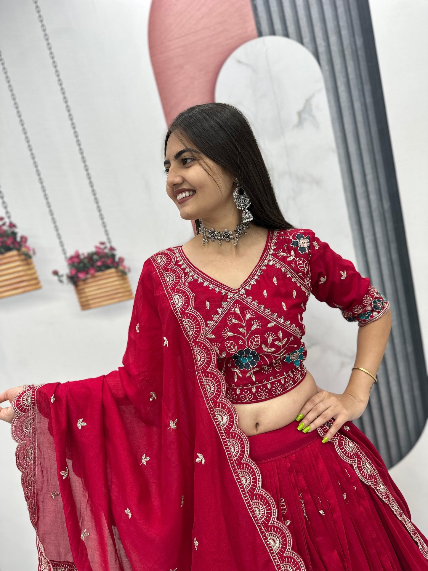 Premium chinon red lehenga choli full look with embroidered dupatta