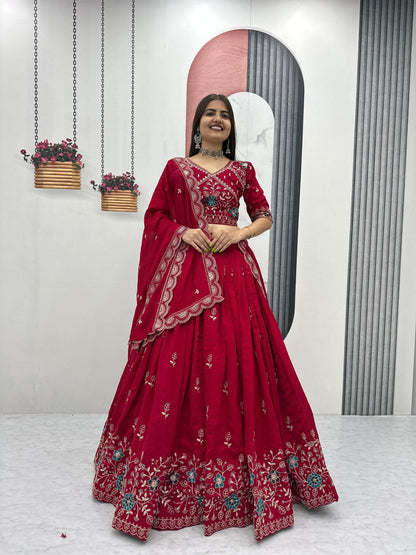 Red embroidered lehenga choli front view for wedding and festival wear