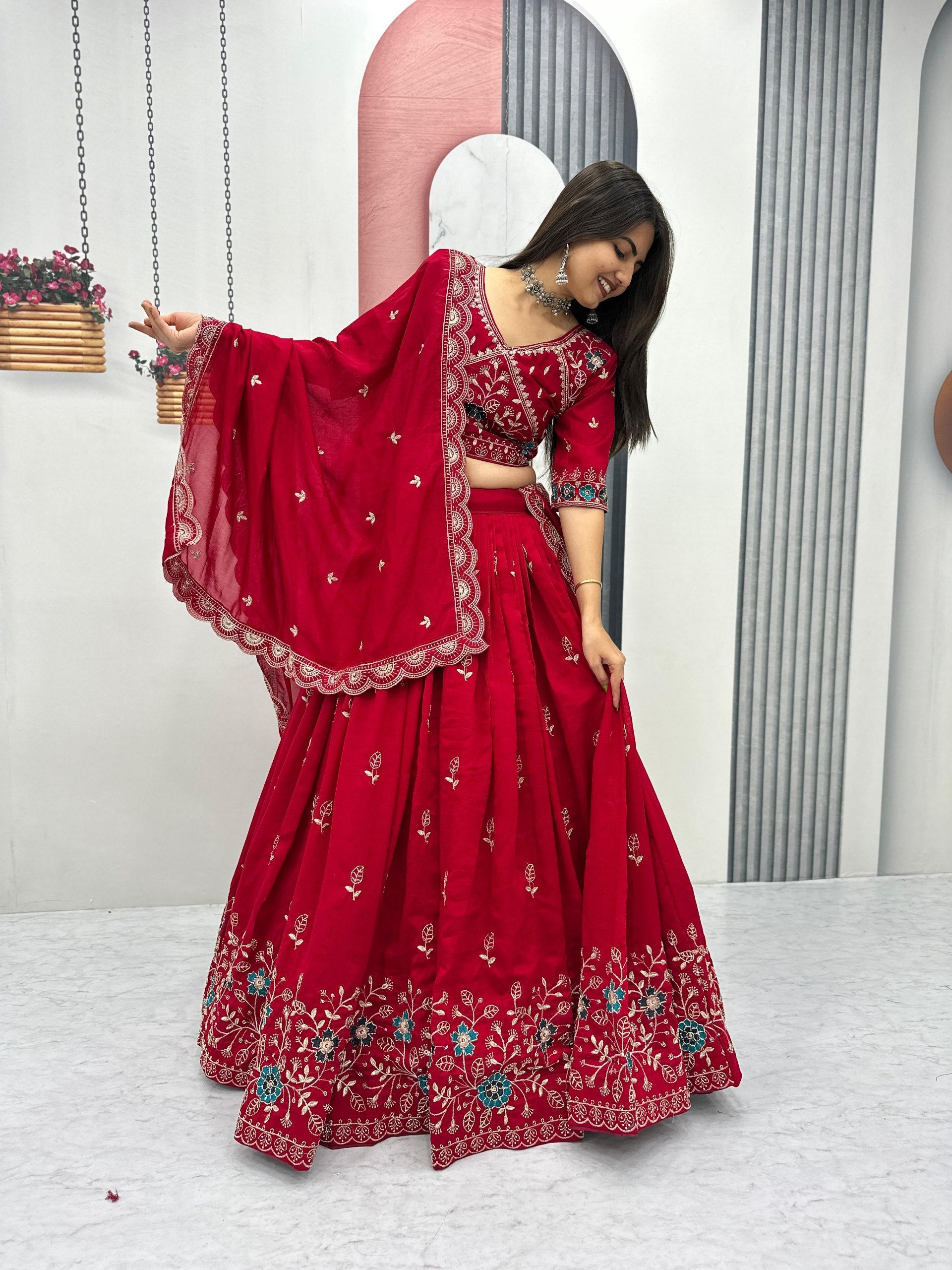 Red festival special lehenga choli with heavy embroidery work
